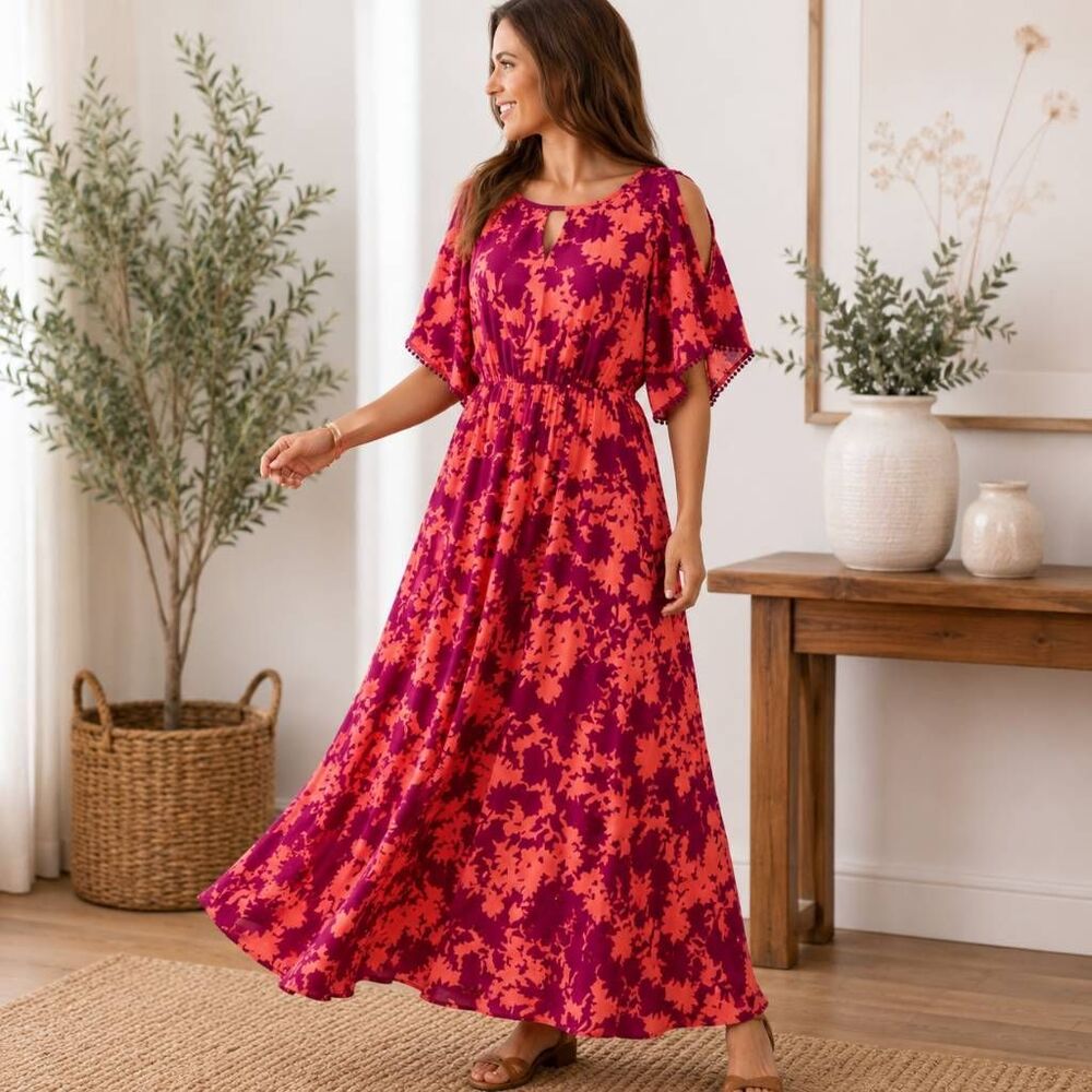 Soft Surroundings Women’s S Pink Floral Maxi Dress Rayon Flutter Sleeve